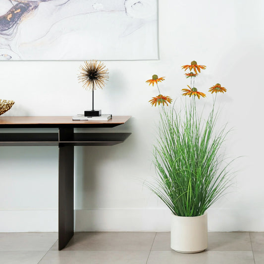 Artificial 6-Head Chrysanthemum with Curved Onion Grass Bonsai 43"H